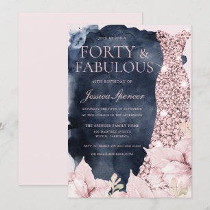 Invitation Blush Floral Navy Splash Gown 40th Birthday Party