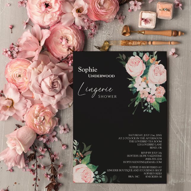 Invitation Blush Floral Noir Bridal Lingerie Douche (Créateur téléchargé)
