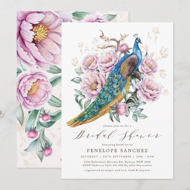 Invitation Blush Floral Peacock Chinoiserie Fête des mariées (Devant / Derrière)