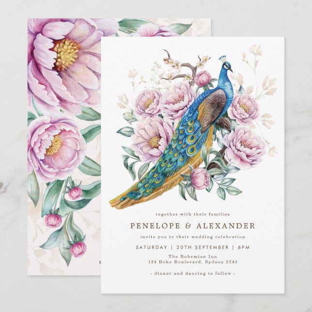 Invitation Blush Floral Peacock Chinoiserie Mariage  (Devant / Derrière)