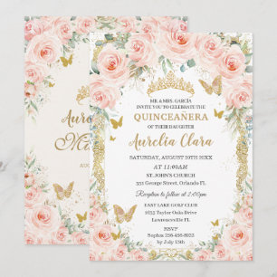 Invitation Blush Floral Quinceañera Douze 16 Ans Vintage Or