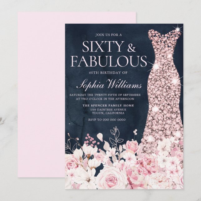 Invitation Blush Floral & Robe Navy 60e fête d'anniversaire (Devant / Derrière)