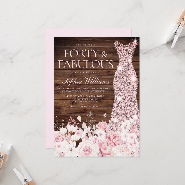 Invitation Blush Floral & Robe Rustique 40e fête d'anniversai (Devant/Arrière en situation)