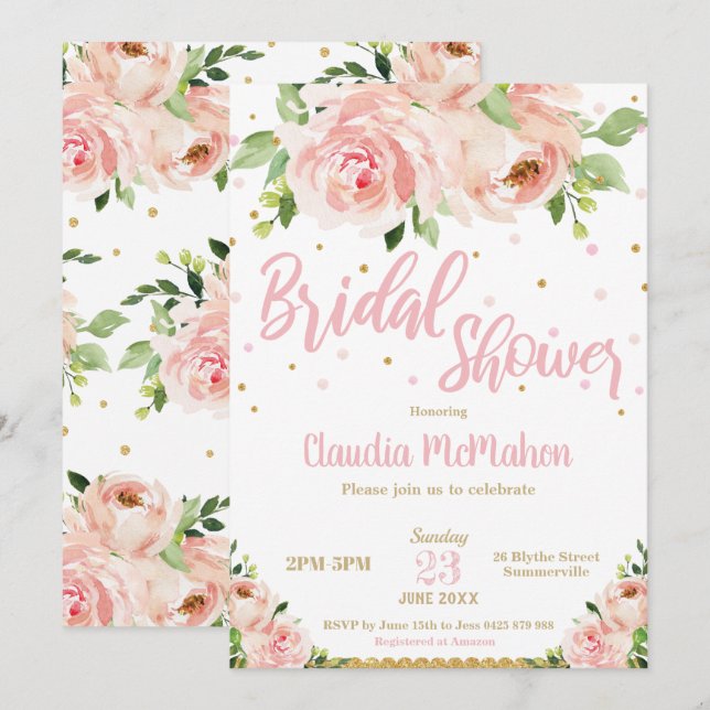 Invitation Blush Floral Rose Fête des mariées rose et or (Devant / Derrière)