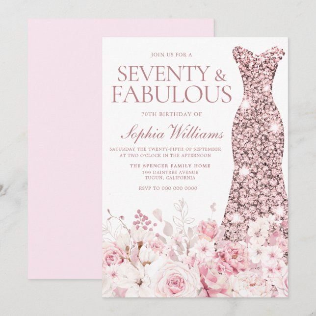 Invitation Blush Floral & Rose Gold Dress 70th Birthday Party (Devant / Derrière)