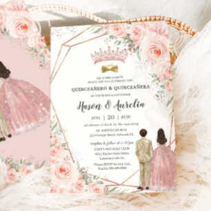 Invitation Blush Floral Rose Gold Jumeaux Garçon Fille Quince