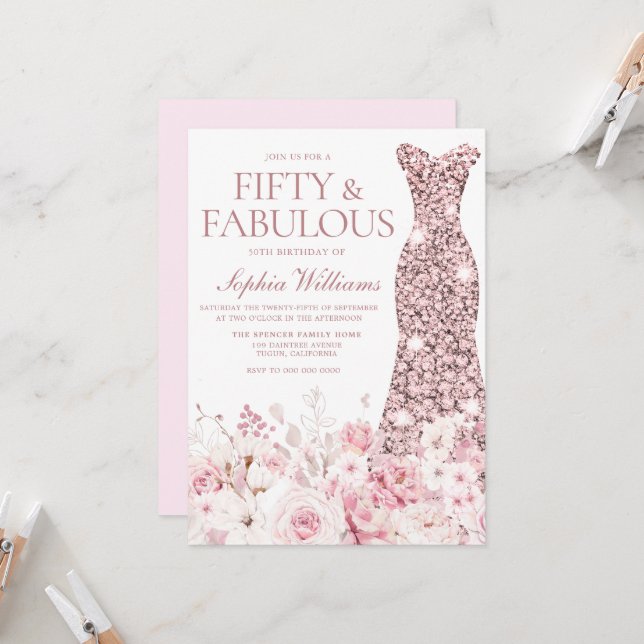 Invitation Blush Floral & Rose Gold robe 50e fête d'anniversa (Devant/Arrière en situation)
