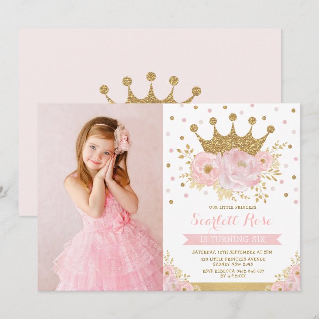 Invitation Blush Floral Royal Crown Princess Anniversaire (Devant / Derrière)