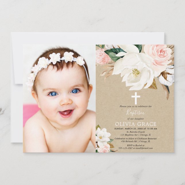Invitation Blush floral rustique kraft fille baptême photo (Devant)