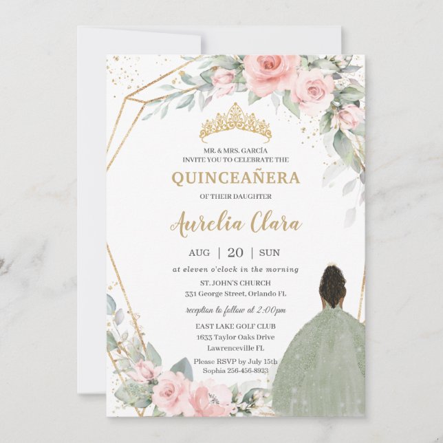 Invitation Blush Floral Sage Vert Brown Princesse Quinceañera (Devant)
