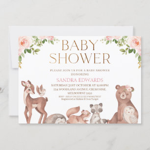 Invitation Blush Floral Woodland Animaux Baby shower
