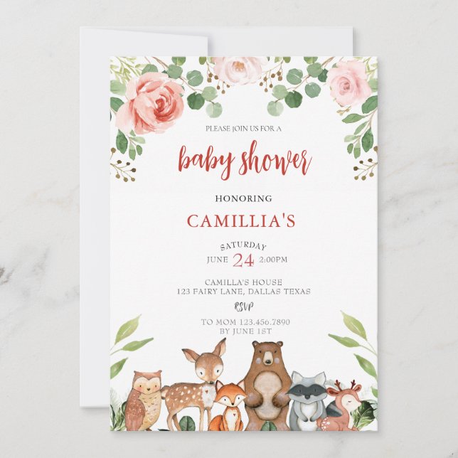 Invitation Blush Floral Woodland Baby shower fille (Devant)