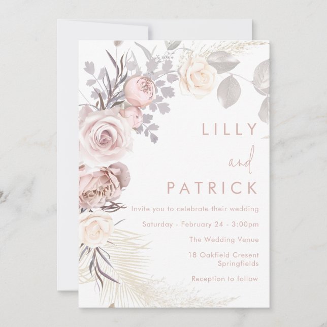 Invitation Blush Floral Wreath Moderne Boho Mariage (Devant)