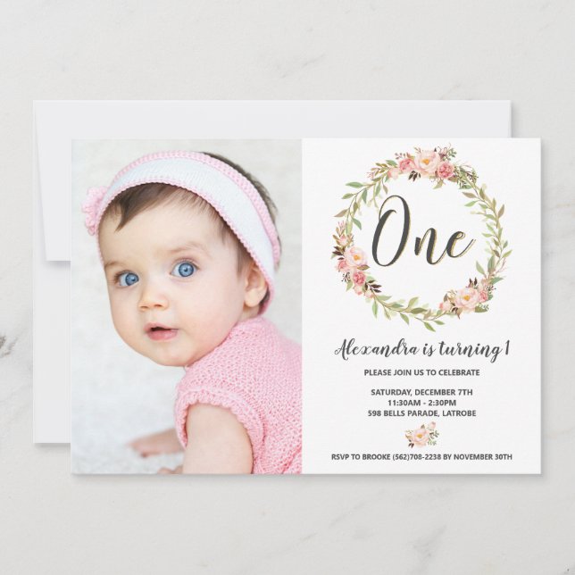 Invitation Blush Floral Wreath ONE 1st Birthday Girl Photo (Devant)