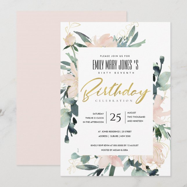 INVITATION BLUSH FLORAL WREATH WATERCOLOR TOUT ÂGE ANNIVERSAI (Devant / Derrière)