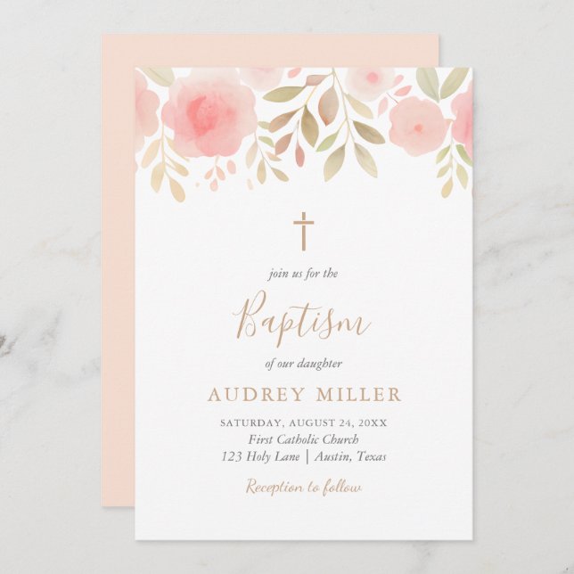 Invitation Blush Florals Cross Baptism (Devant / Derrière)