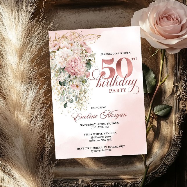 Invitation Blush Flowers Rose Gold Greenery 50th Birthday  (Blush Flowers Rose Gold Greenery 50th Birthday Invite)