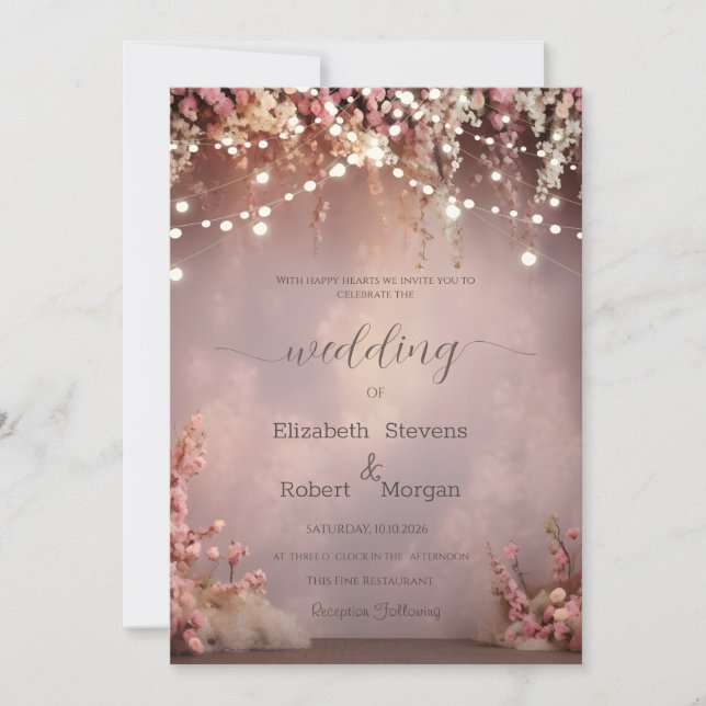 Invitation Blush Flowers String Lights Wedding (Devant)