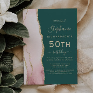 Invitation Blush Gold Agate Emerald Green 50e fête d'annivers
