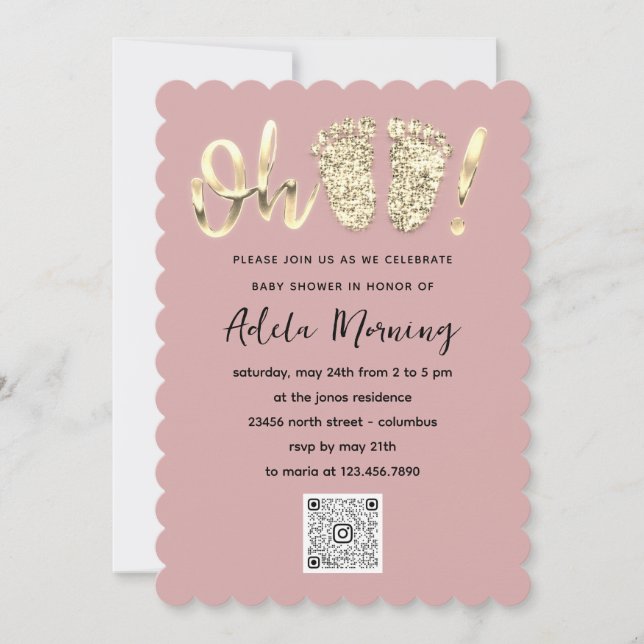 Invitation Blush Gold Confetti Pieds bébé fille QR CODE (Devant)