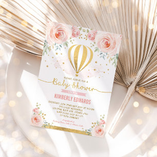 Invitation Blush Gold Floral Hot Air Balloon Girl Baby shower
