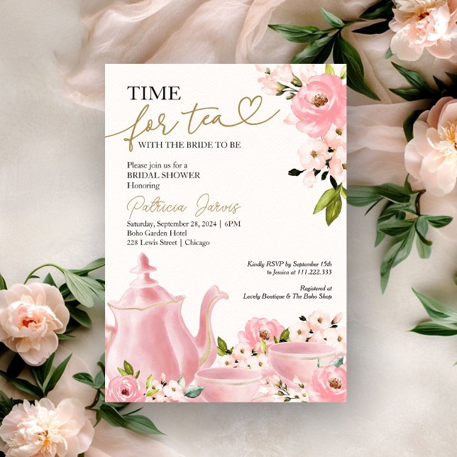 Invitation Blush Gold Floral Time pour Fête des mariées de th (Créateur téléchargé)