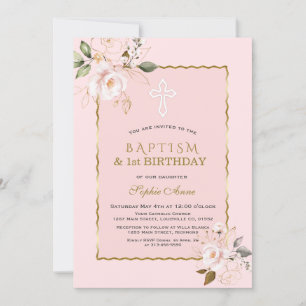 Invitation Blush Gold Flowers Fille 1er Anniversaire & Baptêm