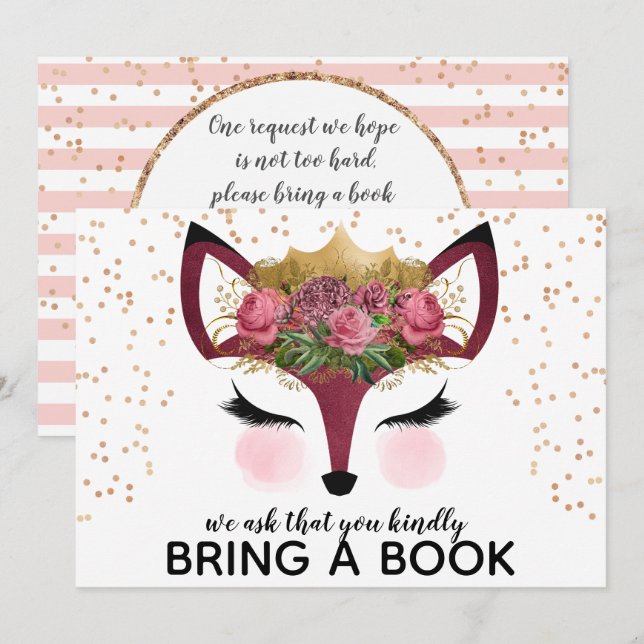 Invitation Blush & Gold Fox Princess Apportez Un Livre (Devant / Derrière)
