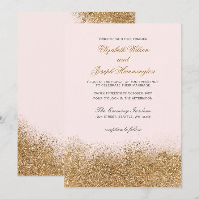 Invitation Blush Gold Parties scintillant Sparkle Mariage élé (Devant / Derrière)