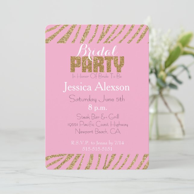 Invitation Blush Gold Zebra Imprimer Faux Parties scintillant (Debout devant)