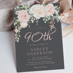 Invitation Blush & Grey Elegant Floral 90e fête d'anniversair