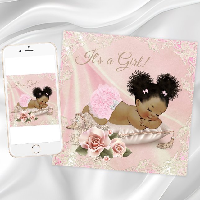Invitation Blush ivoire Baby shower africain-américain (Blush pink baby shower invitation with African baby girl on a pretty pillow and lace background.)