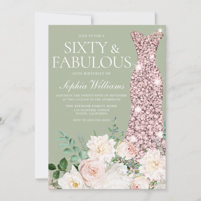 Invitation Blush Ivory Floral Sage Rose Gold 60e anniversaire (Devant)