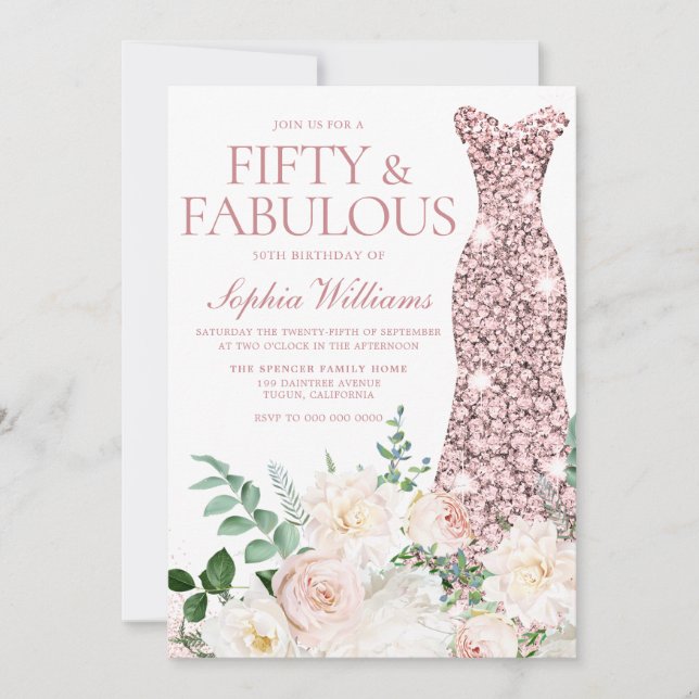 Invitation Blush & Ivory Flowers Rose Gold Gown 50e anniversa (Devant)
