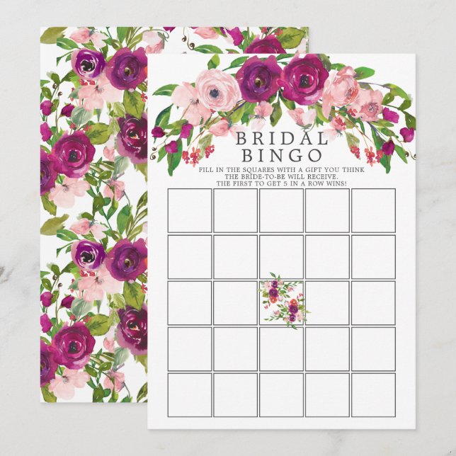 Invitation Blush Marsala Floral Fête des mariées Jeu de Bingo (Devant / Derrière)