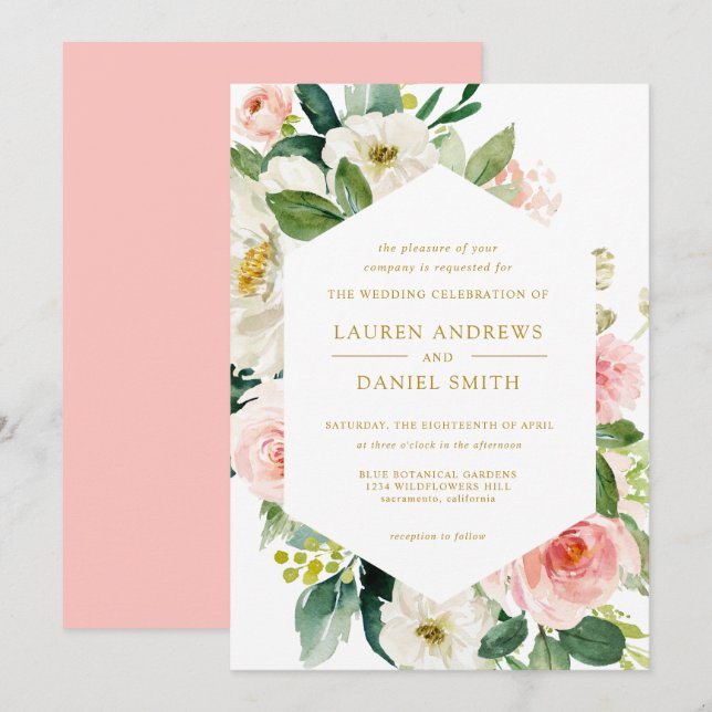 Invitation Blush moderne | Chic Mariage géométrique or floral (Devant / Derrière)