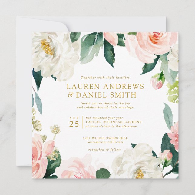 Invitation Blush moderne | Tout en un mariage Botanique Or (Devant)