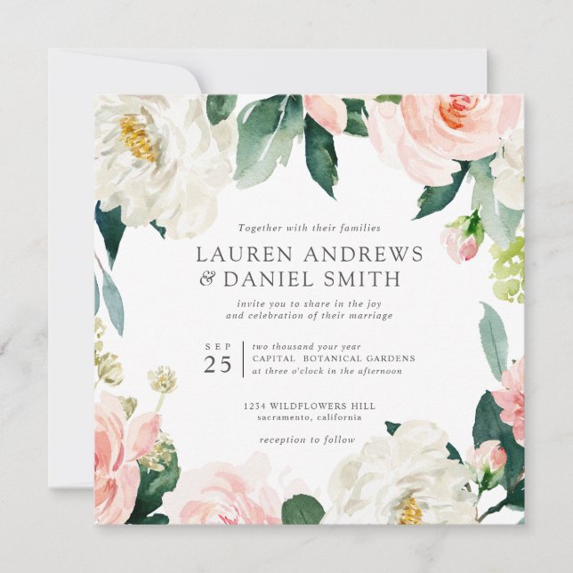 Invitation Blush moderne | Tout en un mariage botanique rose (Devant)