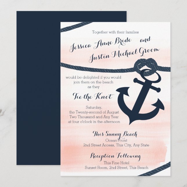Invitation Blush nautique et corde marine et Mariage d'Ancres (Devant / Derrière)