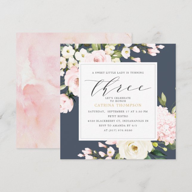 Invitation Blush Navy Floral Greenery Girl 3e fête d'annivers (Devant / Derrière)