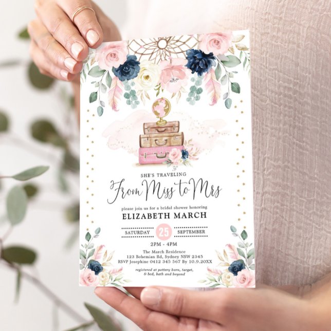 Invitation Blush Navy Floral Travel Fête des mariées (Créateur téléchargé)