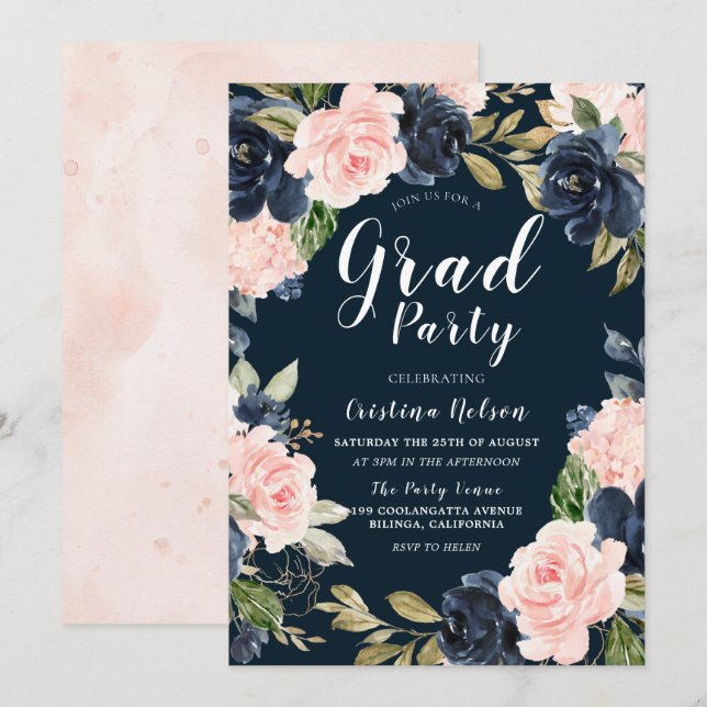 Invitation Blush Navy Floral Wreath Grad Party Grad (Devant / Derrière)