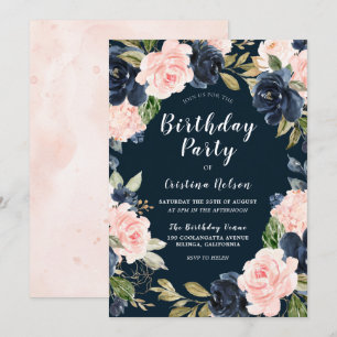 Invitation Blush Navy Floral Wreath Toute l'année Anniversair