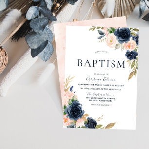 Invitation Blush & Navy Peach Flowers Baptême Christening