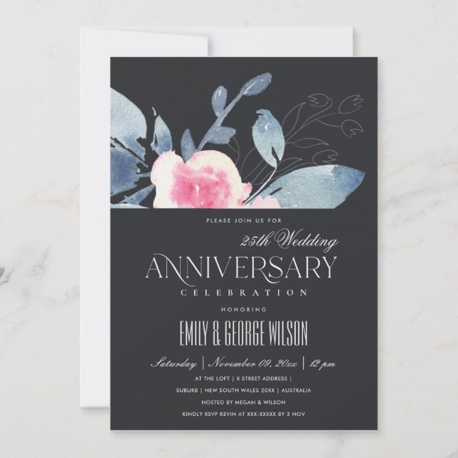 Invitation BLUSH NOIR FLEUR BLEUE 25ème ANNIVERSAIRE TOUTE AN (Devant)