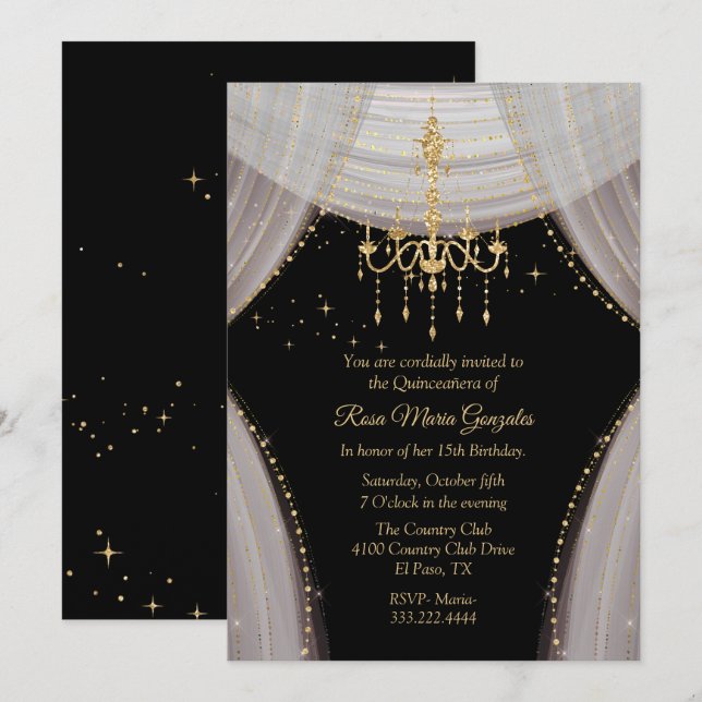 Invitation Blush noir glamour et Quinceañera or (Devant / Derrière)