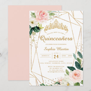 Invitation Blush Or Floral Géométrique Quinceanera