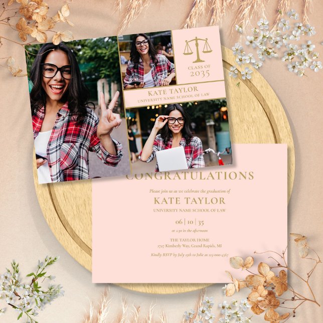 Invitation Blush Pink 3 Photo Law School Graduation Party (Blush Pink 3 Photo Law School Graduation Party Invitation)