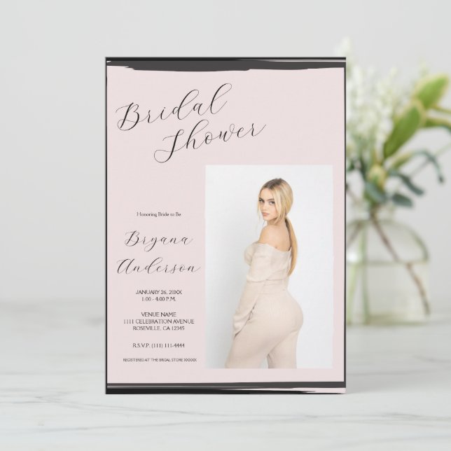 Invitation Blush Pink Black Photo Fête des mariées moderne te (Debout devant)
