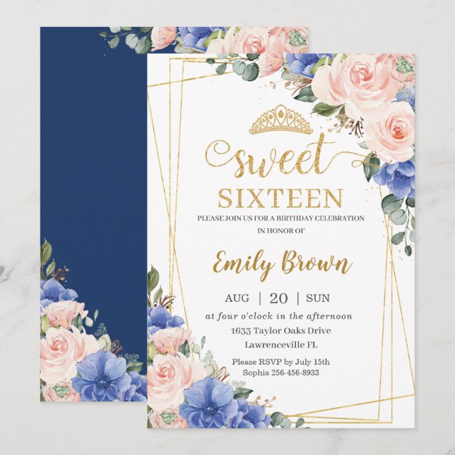 Invitation Blush Pink Blue Floral Sweet 16 Seize anniversaire (Devant / Derrière)